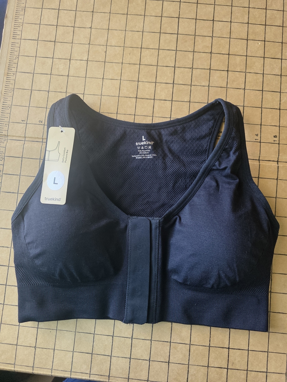 Truekind Daily Comfort Posture Bra Black Size Large NWT Front Hook Wirefree